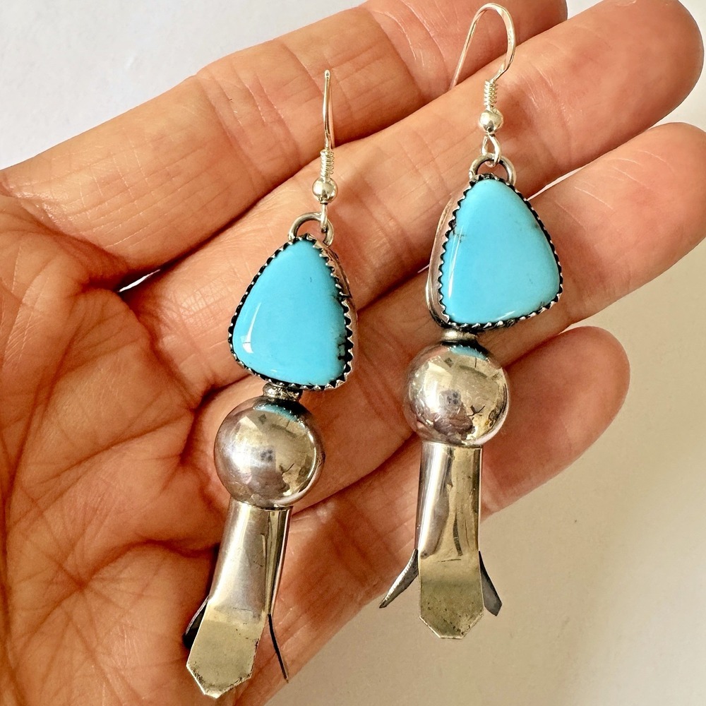 Navajo Squash Blossom Turquoise Earrings 925 Hook Naja Signed T3 Sleeping Beauty